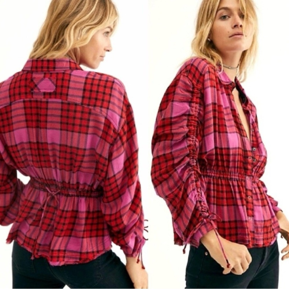 NWT Free People Pacific Dawn Red and Pink Plaid Button-Down Shirt Size: XS